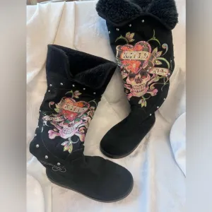 2008 Vintage Ed Hardy “Love Kills Slowly” Bling Knee high fur boots