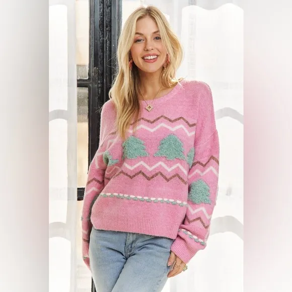 ADORA Full Size Fluffy Tree Sweater Top Plus Size
