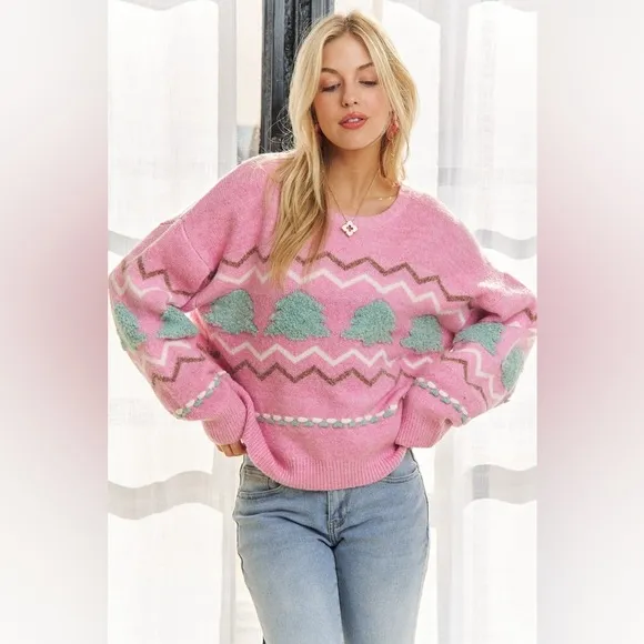 ADORA Full Size Fluffy Tree Sweater Top Plus Size