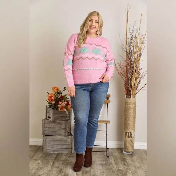 ADORA Full Size Fluffy Tree Sweater Top Plus Size
