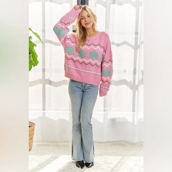 ADORA Full Size Fluffy Tree Sweater Top Plus Size