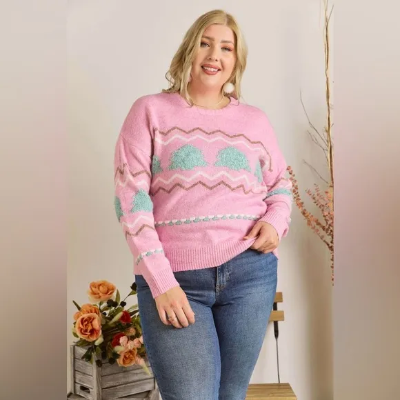 ADORA Full Size Fluffy Tree Sweater Top Plus Size