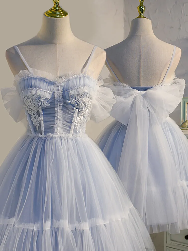 Adorable Light Blue Tulle Sweetheart Straps Party Dress with Lace, Short Tulle Prom Dresses
