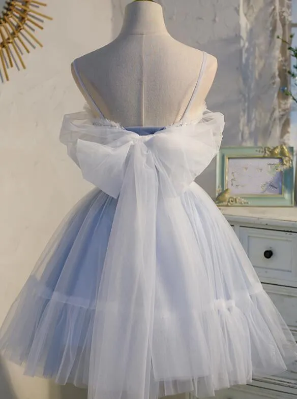 Adorable Light Blue Tulle Sweetheart Straps Party Dress with Lace, Short Tulle Prom Dresses