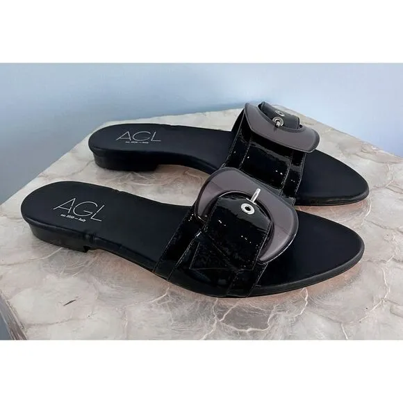 AGL Black Patent Leather Alice Sandalettes Size 38/ 7.5 Italy