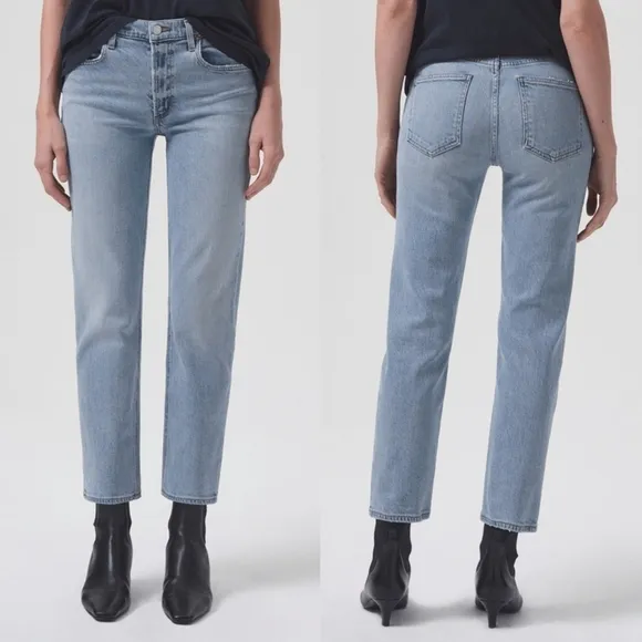 Agolde Kye Straight Leg Cropped Ankle Mid-Rise Distressed Denim Blue Jean Sz 25