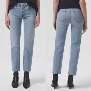 Agolde Kye Straight Leg Cropped Ankle Mid-Rise Distressed Denim Blue Jean Sz 25