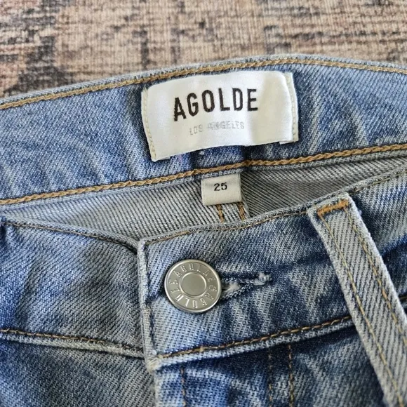 Agolde Kye Straight Leg Cropped Ankle Mid-Rise Distressed Denim Blue Jean Sz 25