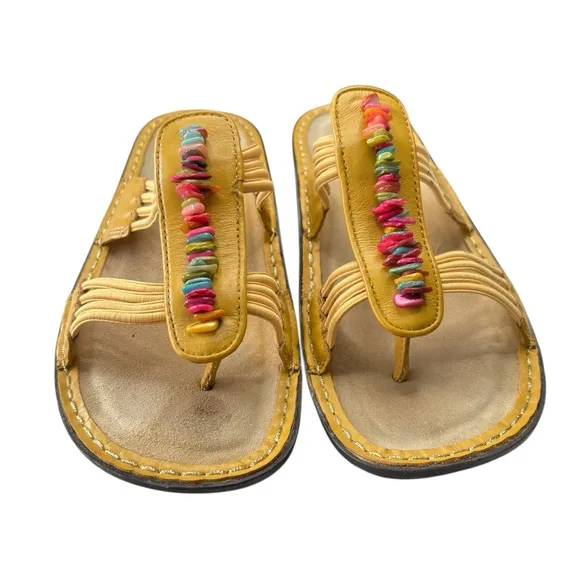 ALEGRIA PISA Sandals Leather Wedge Shoes Size 39 US 8.5 / 9 Yellow Beaded Thongs