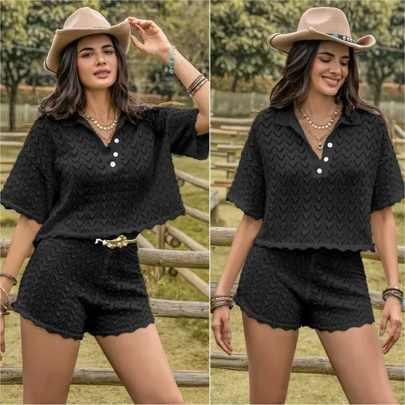 Allure Eyelet Shorts Set - Black