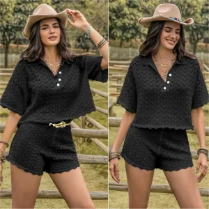 Allure Eyelet Shorts Set - Black