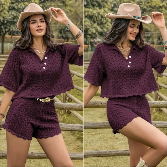 Allure Eyelet Shorts Set - Deep Purple
