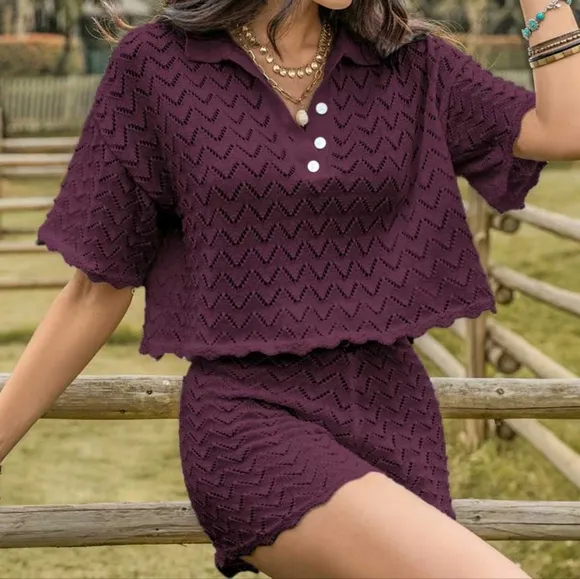 Allure Eyelet Shorts Set - Deep Purple