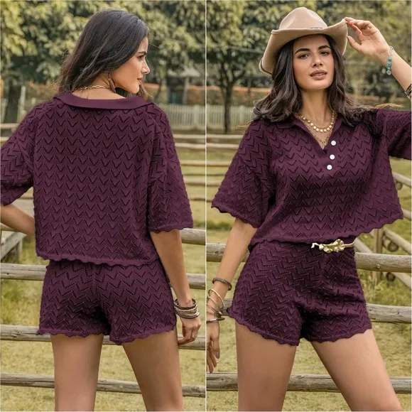 Allure Eyelet Shorts Set - Deep Purple