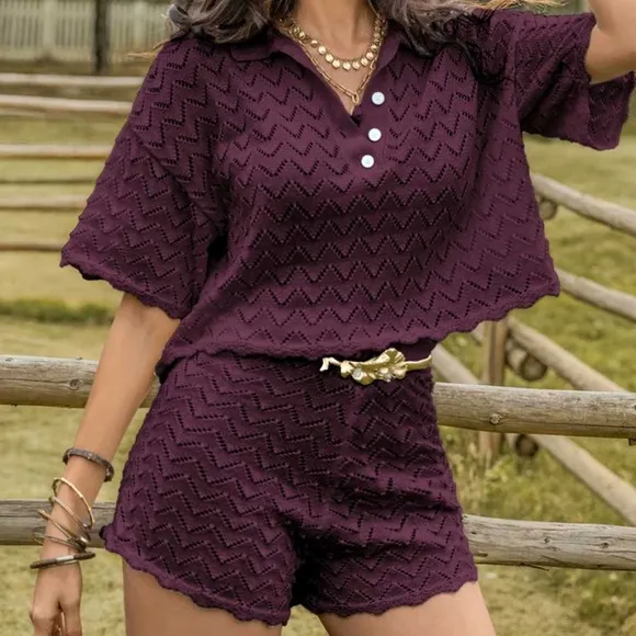 Allure Eyelet Shorts Set - Deep Purple