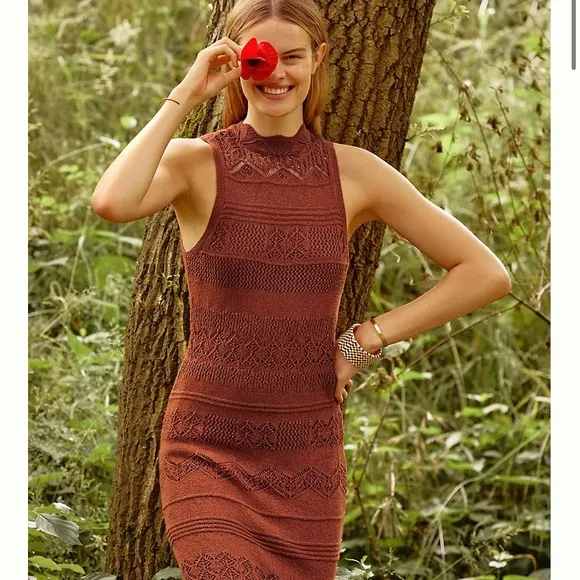 Anthropologie Burnt Orange Crochet Midi Dress Sz XS