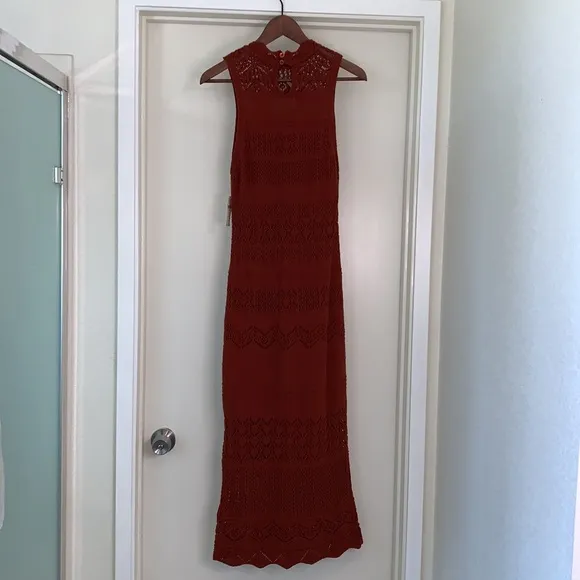 Anthropologie Burnt Orange Crochet Midi Dress Sz XS