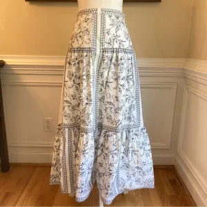 ANTONIO MELANI White Navy Blue Floral Print Cotton Tiered Maxi Skirt NWOT