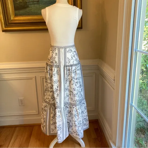 ANTONIO MELANI White Navy Blue Floral Print Cotton Tiered Maxi Skirt NWOT