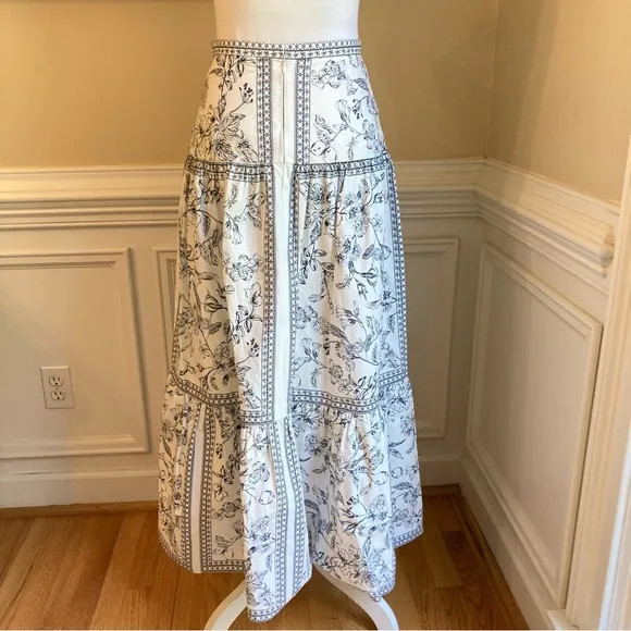 ANTONIO MELANI White Navy Blue Floral Print Cotton Tiered Maxi Skirt NWOT