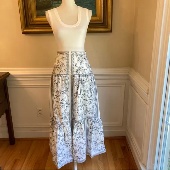 ANTONIO MELANI White Navy Blue Floral Print Cotton Tiered Maxi Skirt NWOT