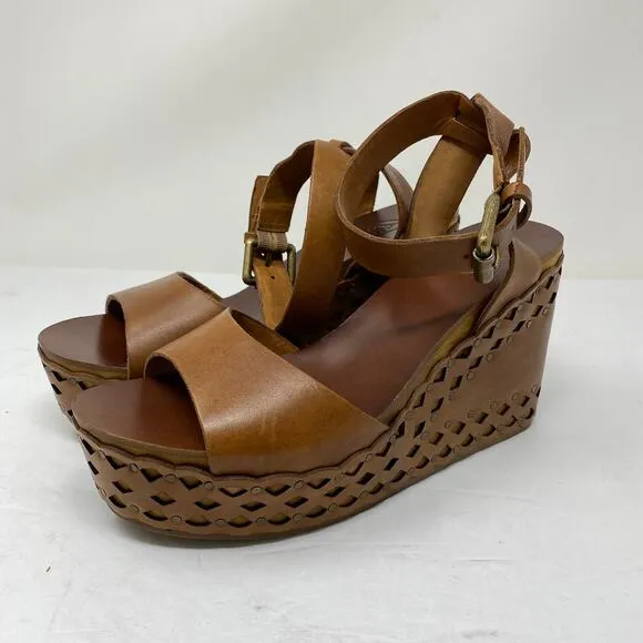 ASH Womens Size 38 US 8 Vanina Wedge Sandals Brown Leather Laser Cut