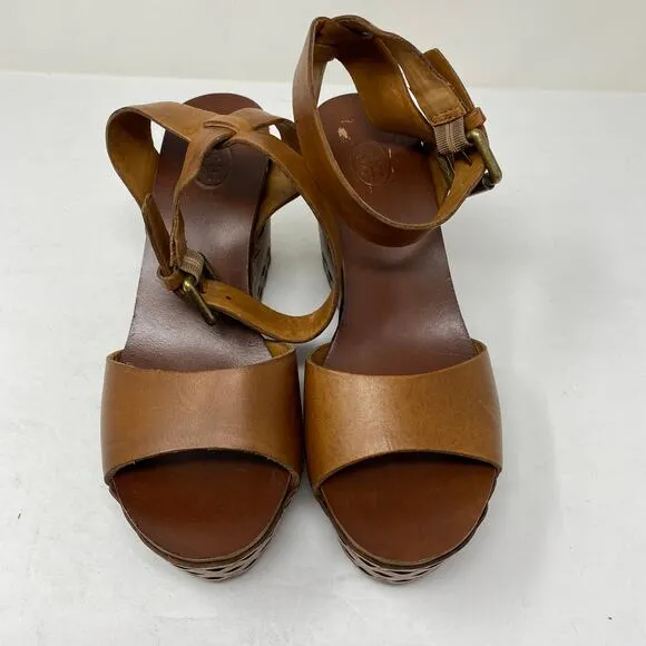ASH Womens Size 38 US 8 Vanina Wedge Sandals Brown Leather Laser Cut