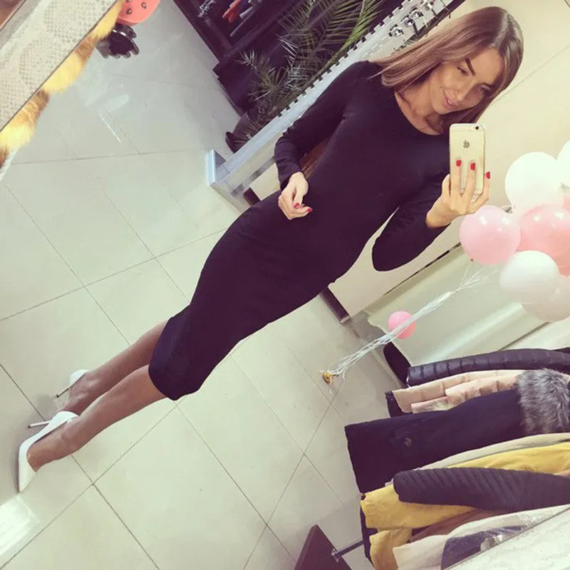 Autumn Dress Long Sleeve T-shirts Solid Color MIDI Tight Fashion Women's Dress