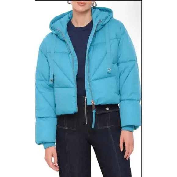 Avec Les Filles Cropped Hooded Puffer Jacket Blue Size S NWT Women’s Winter Coat