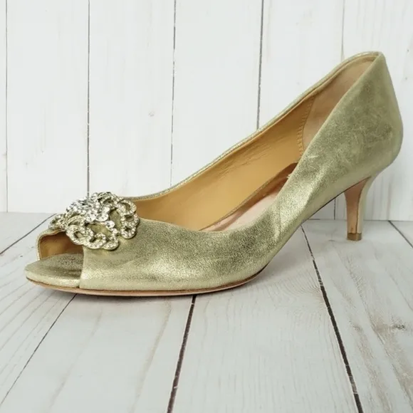 Badgley Mischka Low Heel Bejeweled Leather Heels