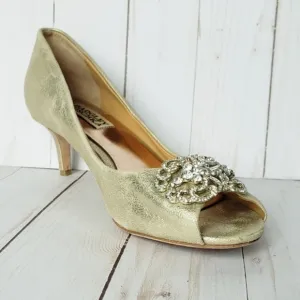 Badgley Mischka Low Heel Bejeweled Leather Heels