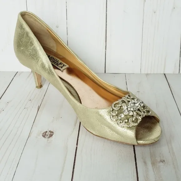 Badgley Mischka Low Heel Bejeweled Leather Heels
