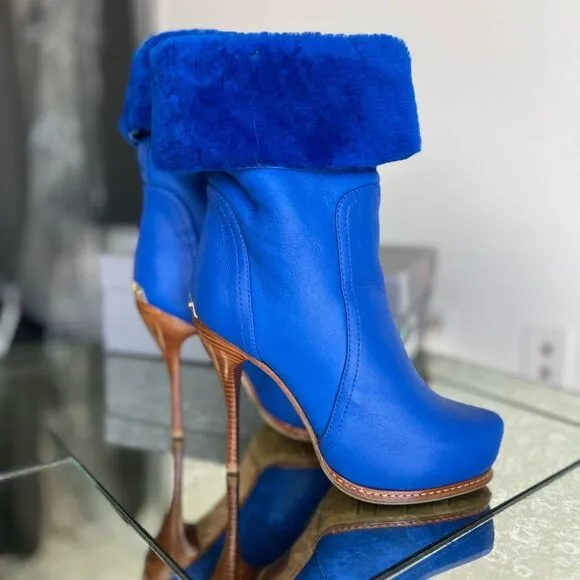 Ballin Blue Shearling Winter Heeled Platform Boots size 36