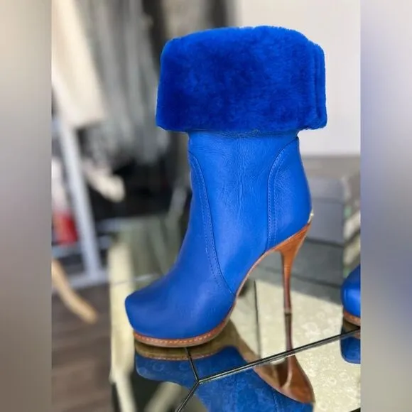 Ballin Blue Shearling Winter Heeled Platform Boots size 36