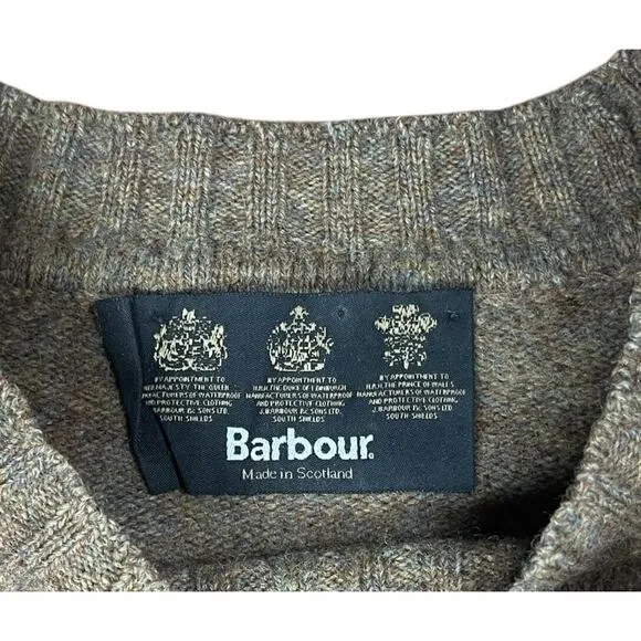 BARBOUR Mens Shetalnd Wool Tyne Crew Neck Fisherman Jumper Brown Size small