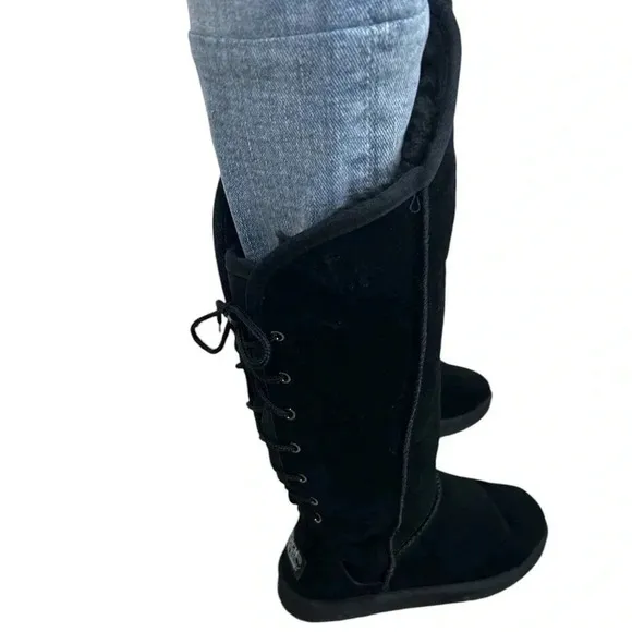 Beach Feet Suede Sherpa Wool Lined Tall Lace Back Black Boots Women Size 6 EUC!!