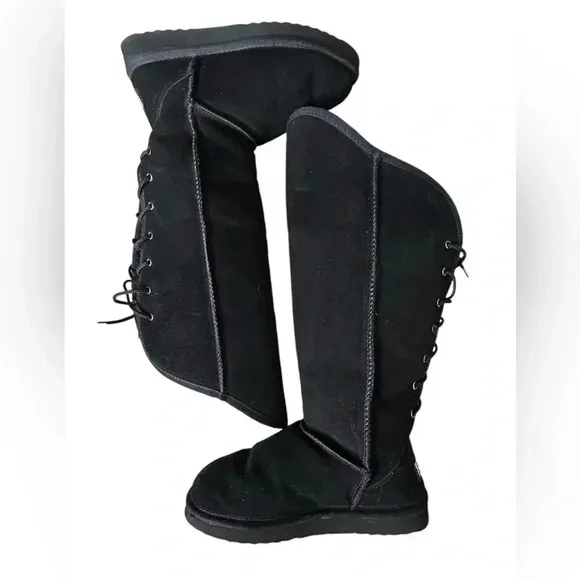 Beach Feet Suede Sherpa Wool Lined Tall Lace Back Black Boots Women Size 6 EUC!!