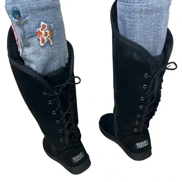 Beach Feet Suede Sherpa Wool Lined Tall Lace Back Black Boots Women Size 6 EUC!!
