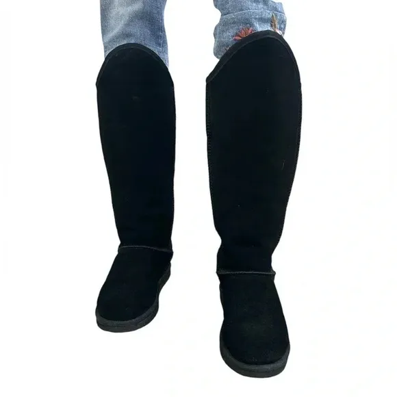 Beach Feet Suede Sherpa Wool Lined Tall Lace Back Black Boots Women Size 6 EUC!!