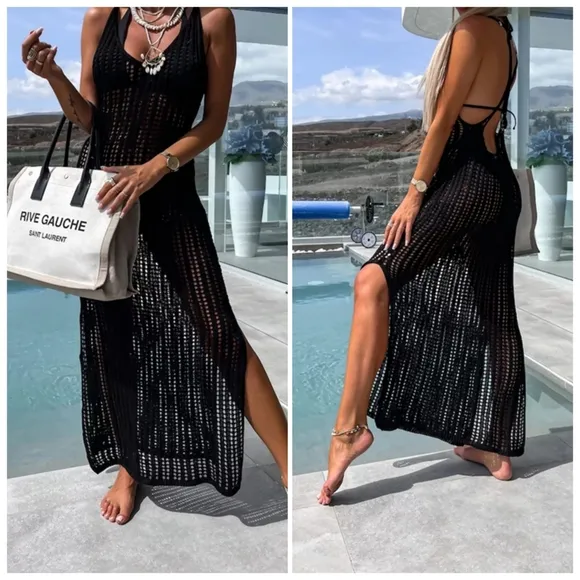 Beige Openwork Slit Cutout Wide Strap Dress
