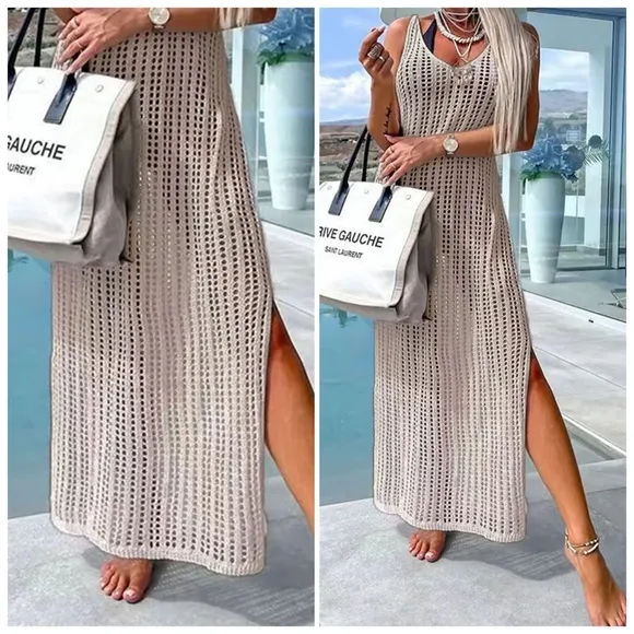 Beige Openwork Slit Cutout Wide Strap Dress