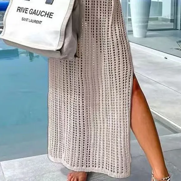 Beige Openwork Slit Cutout Wide Strap Dress