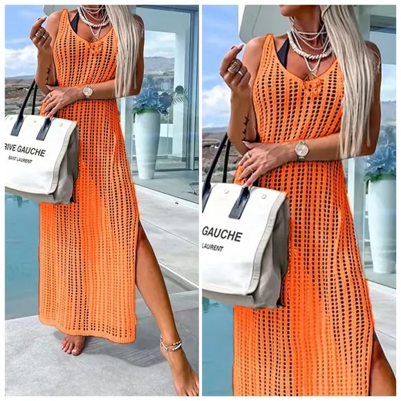 Beige Openwork Slit Cutout Wide Strap Dress