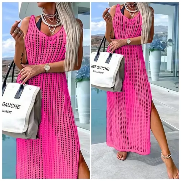 Beige Openwork Slit Cutout Wide Strap Dress