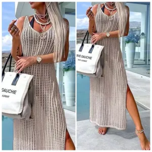 Beige Openwork Slit Cutout Wide Strap Dress