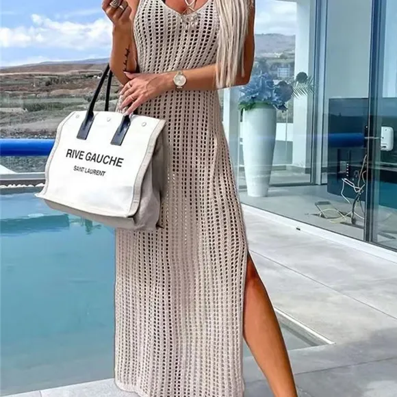 Beige Openwork Slit Cutout Wide Strap Dress