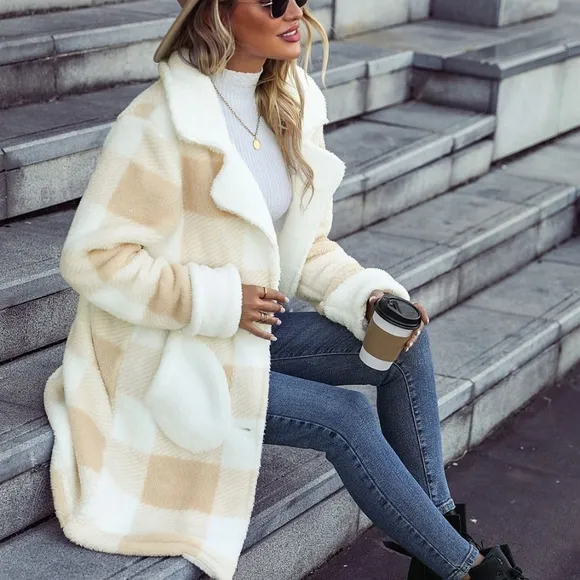 Beige Warm Plaid Button Coat