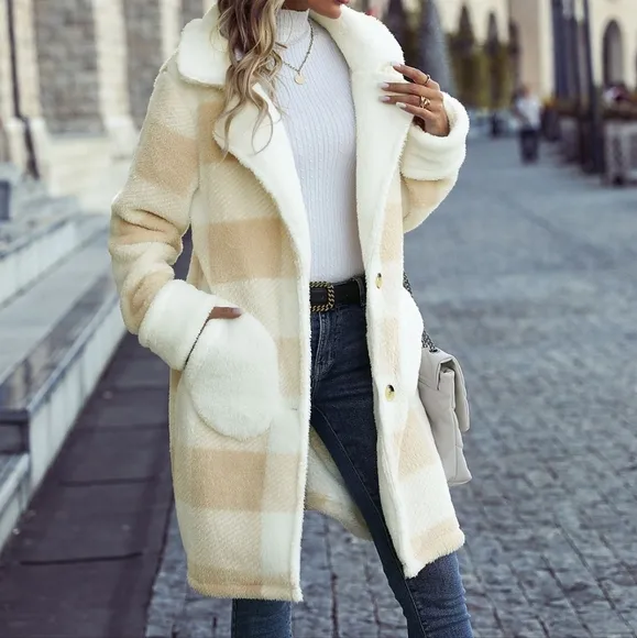 Beige Warm Plaid Button Coat