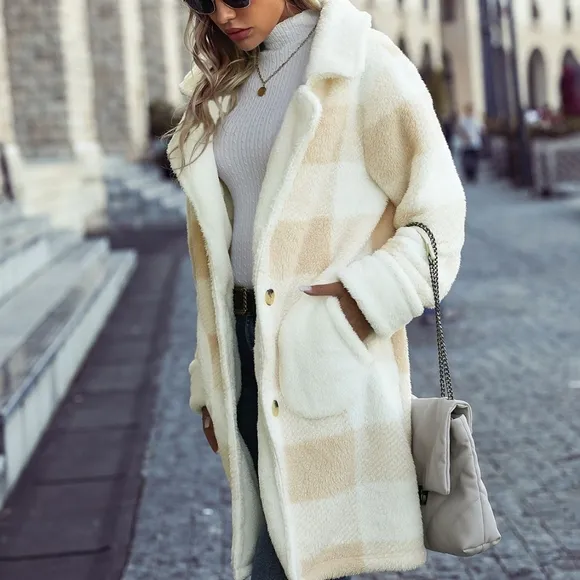 Beige Warm Plaid Button Coat