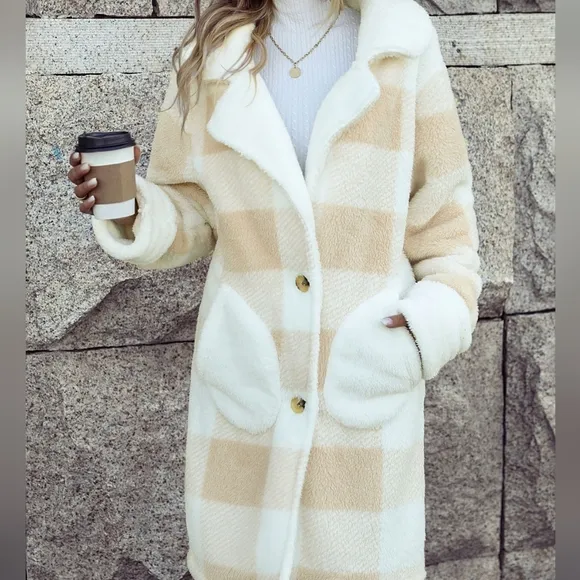 Beige Warm Plaid Button Coat